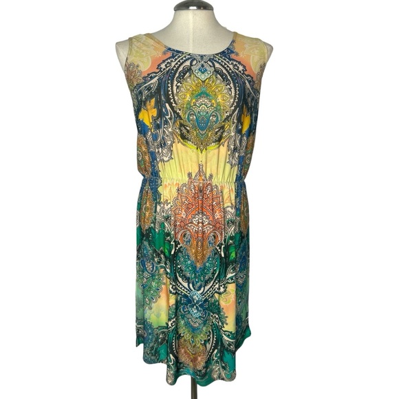 Ellen Parker Sleeveless Multicolored Round Neck Boho Cinch Waist Dress Size S - Picture 1 of 7